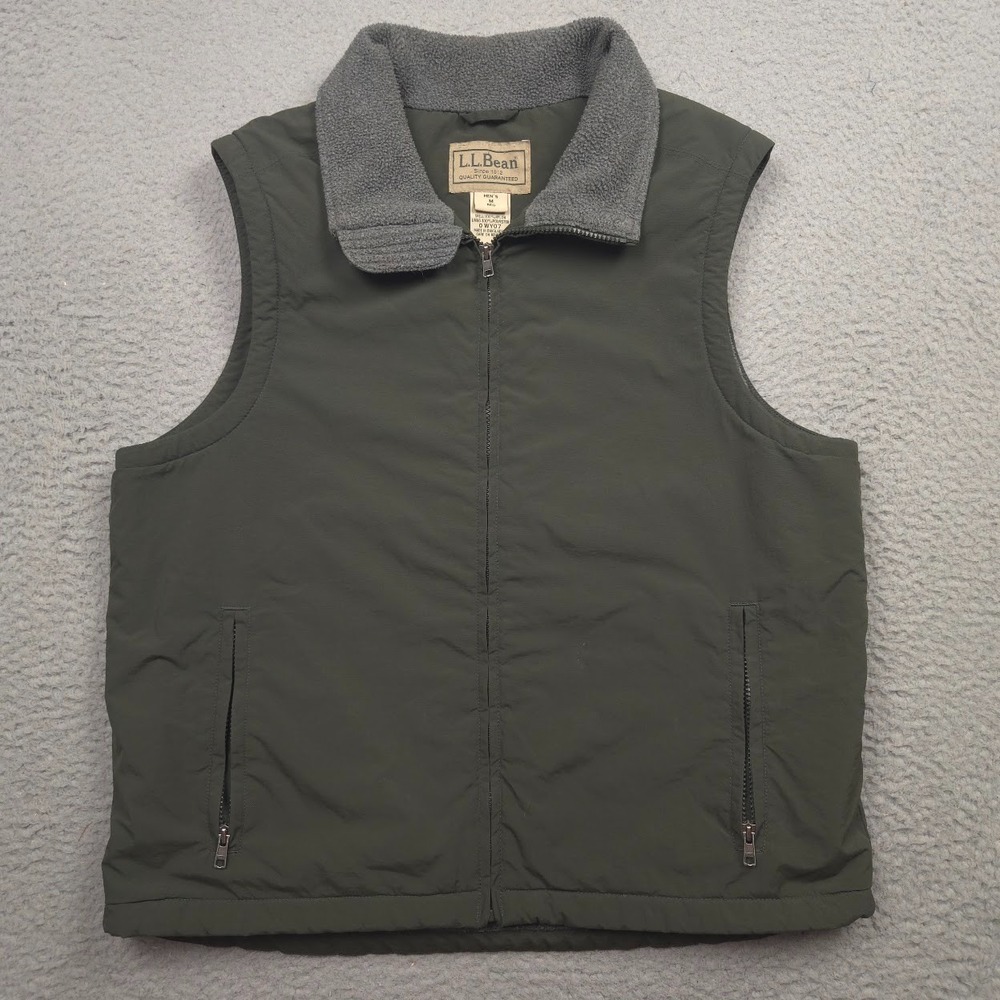 L.L.Bean Vest Men M Olive Green Nylon Fleece Lined Full Zip Outdoor